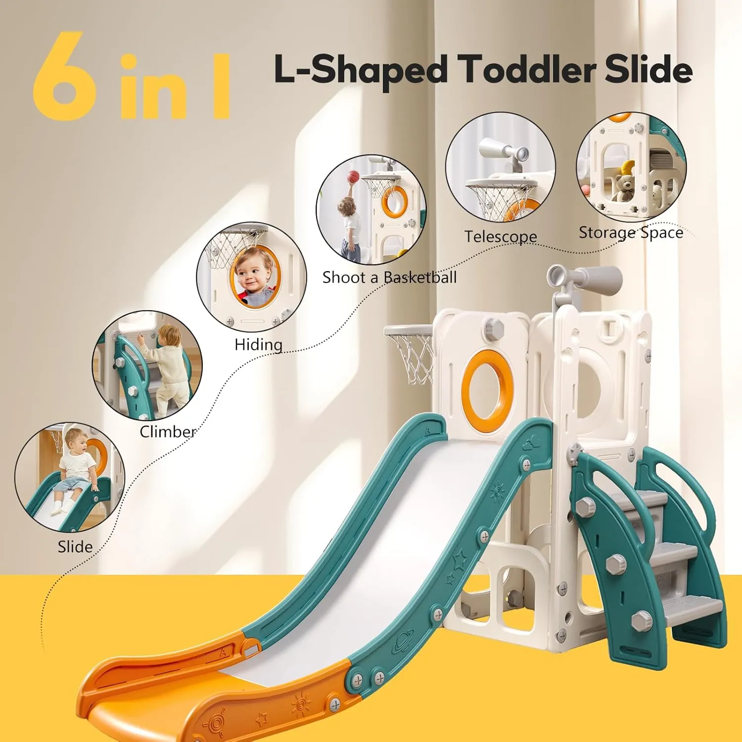 6 in 1 Toddler Playset with Slide, Kids Slide with Basketball Hoop, Ball, Ring Toss, Indoor Outdoor Toys