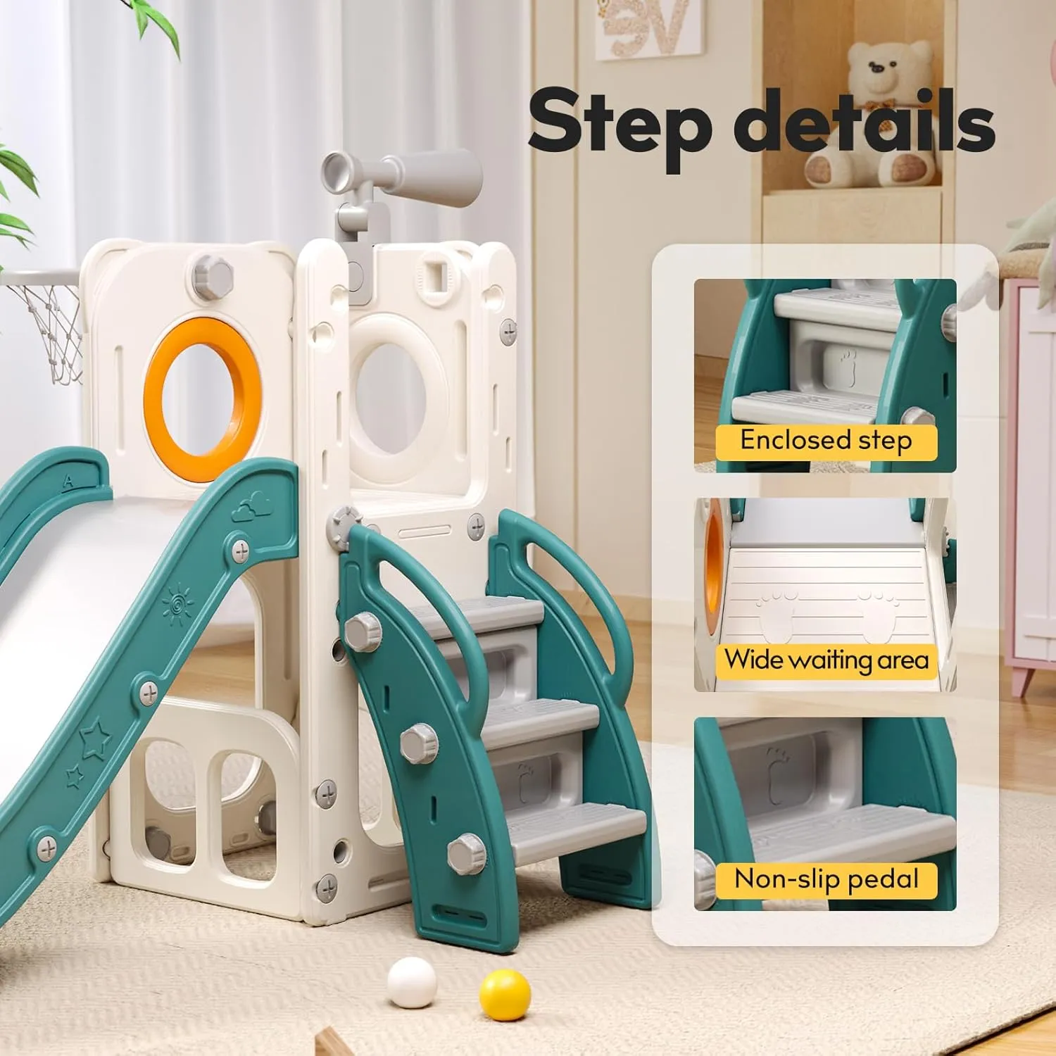 6 in 1 Toddler Playset with Slide, Kids Slide with Basketball Hoop, Ball, Ring Toss, Indoor Outdoor Toys