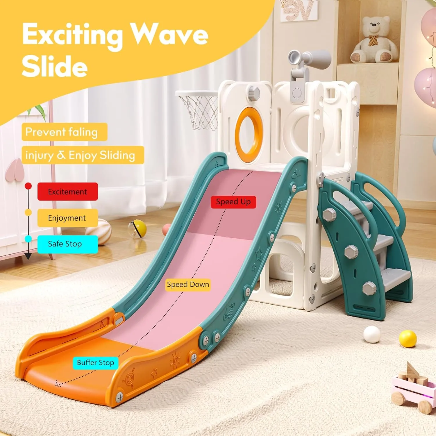 6 in 1 Toddler Playset with Slide, Kids Slide with Basketball Hoop, Ball, Ring Toss, Indoor Outdoor Toys