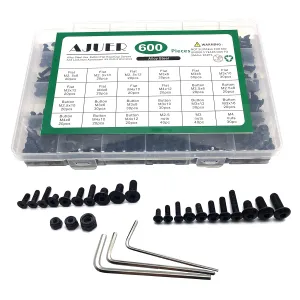 600pcs Metric Bolt Assortment M2.5 M3 M4 Alloy Steel Hex Button and Flat Head Cap Machine Screws and Lock Nuts RC Screw Kit Black Zinc Plating