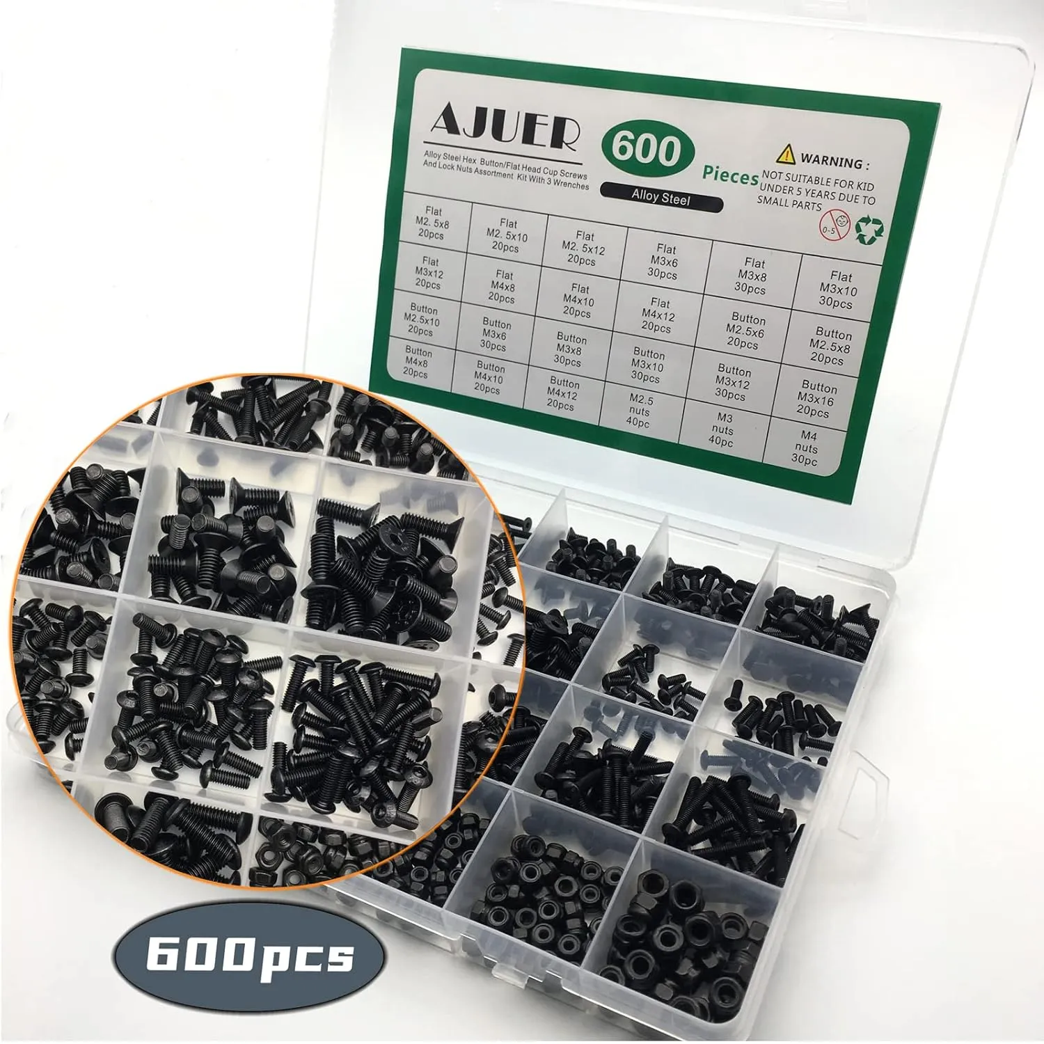 600pcs Metric Bolt Assortment M2.5 M3 M4 Alloy Steel Hex Button and Flat Head Cap Machine Screws and Lock Nuts RC Screw Kit Black Zinc Plating