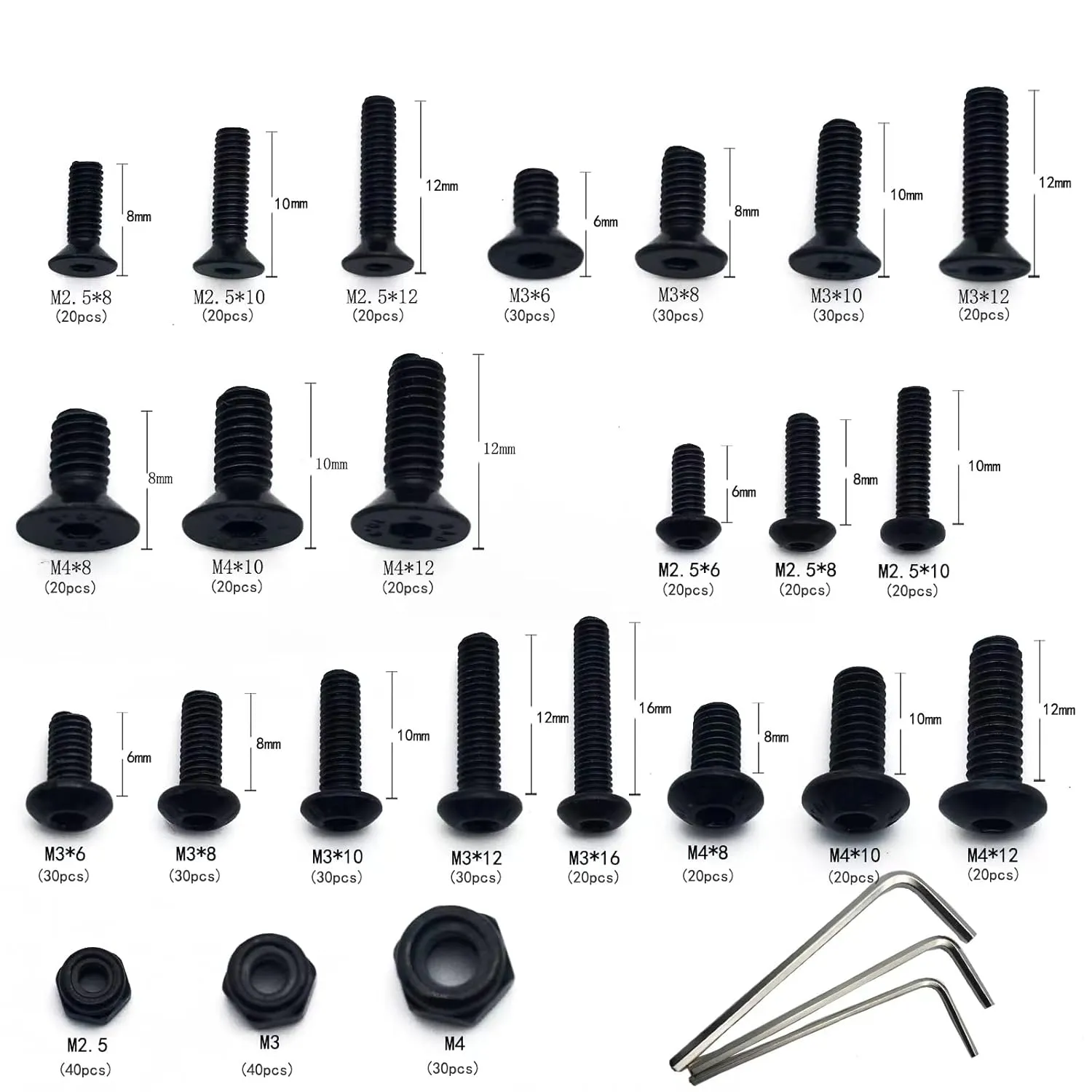 600pcs Metric Bolt Assortment M2.5 M3 M4 Alloy Steel Hex Button and Flat Head Cap Machine Screws and Lock Nuts RC Screw Kit Black Zinc Plating
