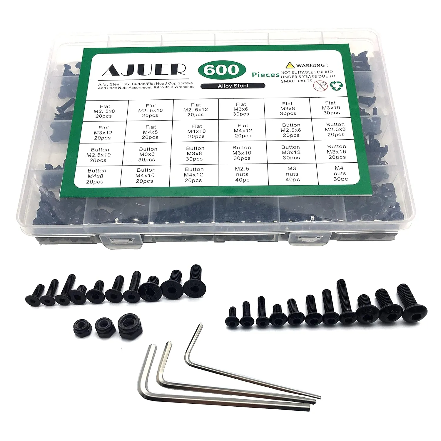 600pcs Metric Bolt Assortment M2.5 M3 M4 Alloy Steel Hex Button and Flat Head Cap Machine Screws and Lock Nuts RC Screw Kit Black Zinc Plating