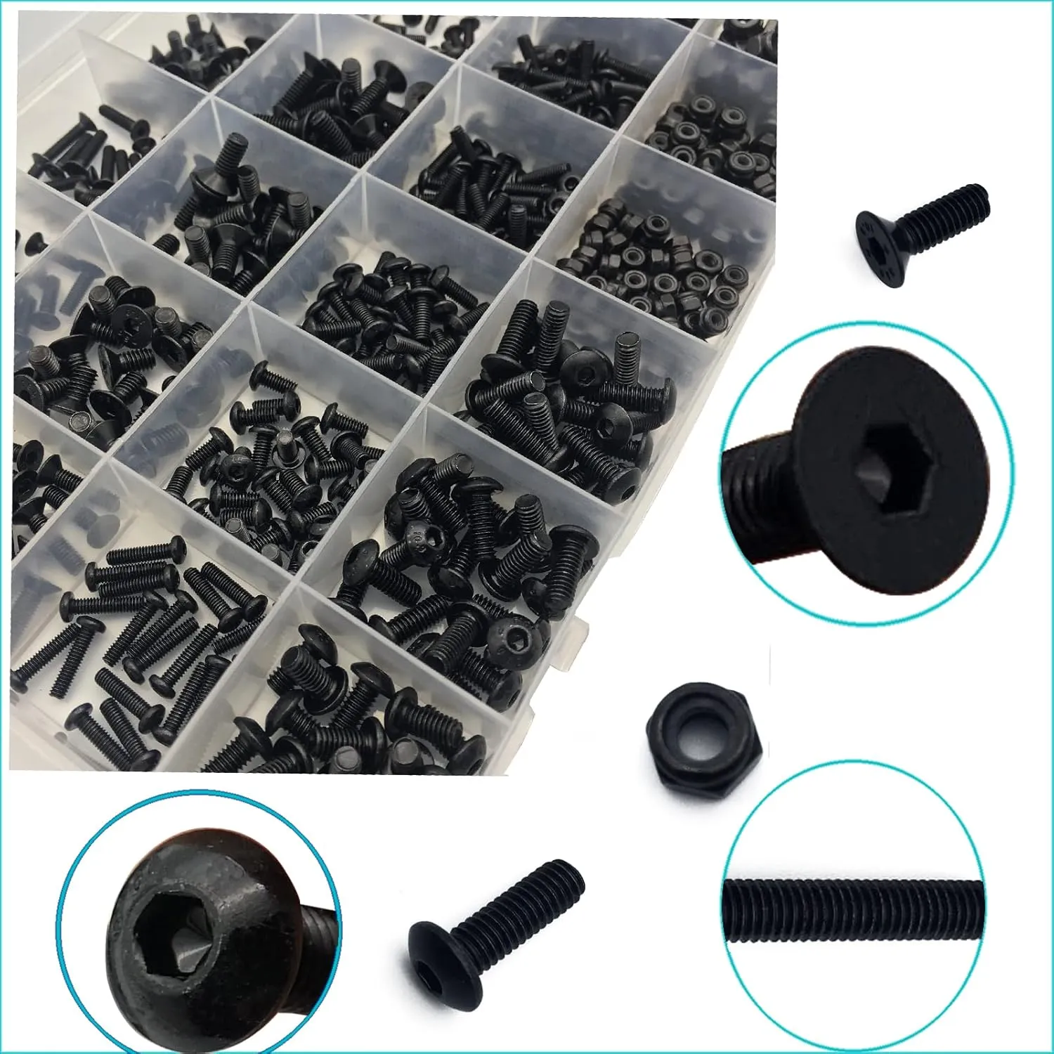 600pcs Metric Bolt Assortment M2.5 M3 M4 Alloy Steel Hex Button and Flat Head Cap Machine Screws and Lock Nuts RC Screw Kit Black Zinc Plating