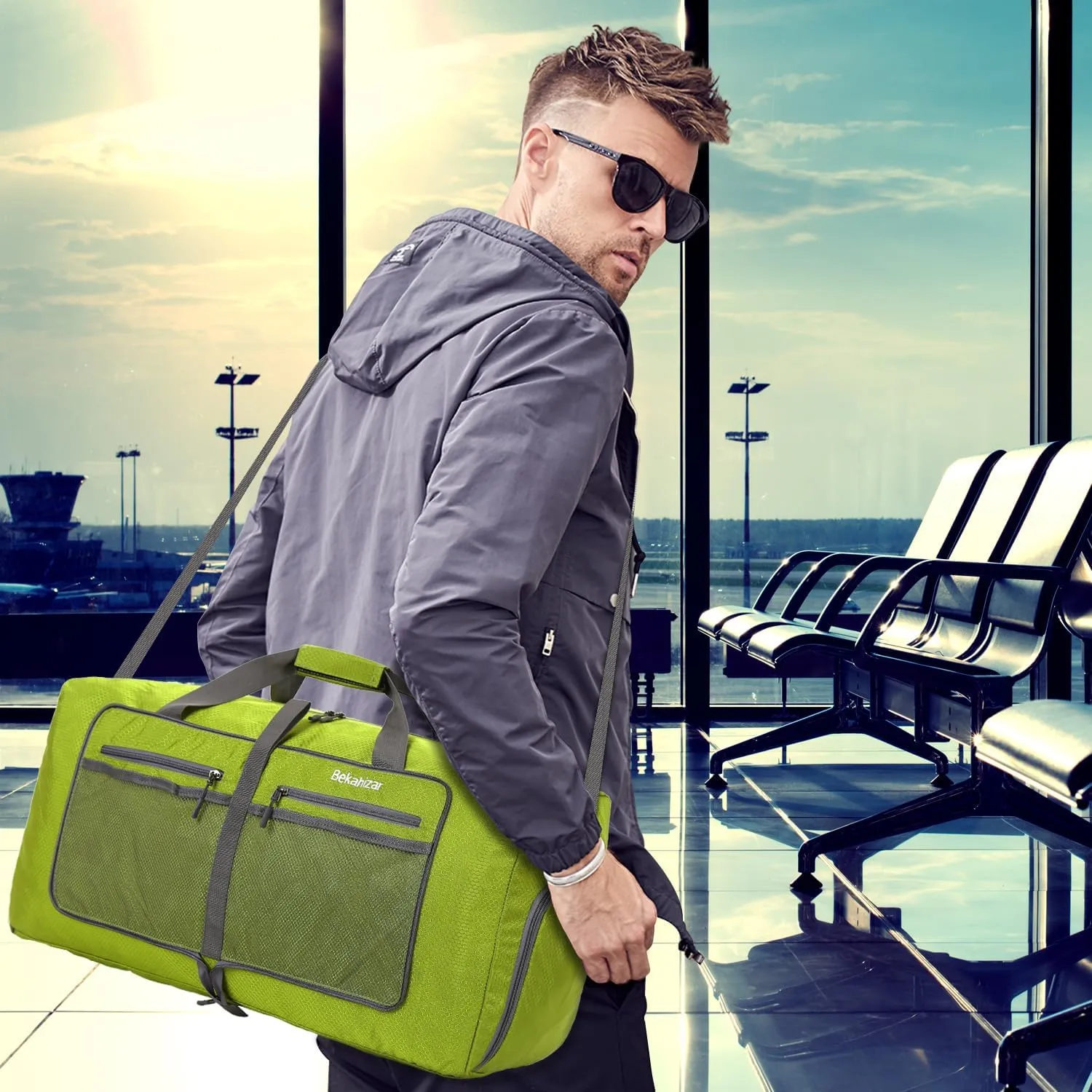 60L Duffle Bag 25 Inch Large Travel Bag Lightweight Foldable Weekend Duffel with Shoe Compartment Shoulder Strap for Men Women (Olive Green)