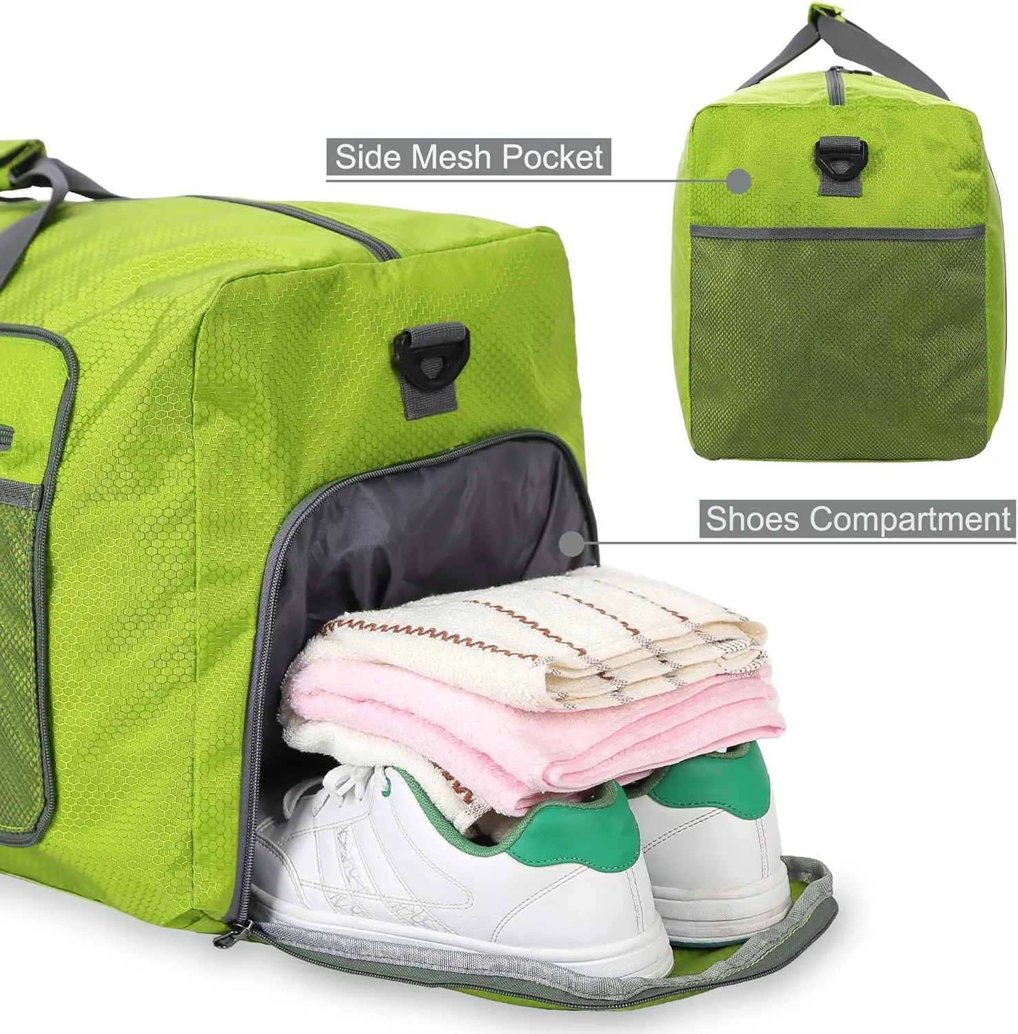 60L Duffle Bag 25 Inch Large Travel Bag Lightweight Foldable Weekend Duffel with Shoe Compartment Shoulder Strap for Men Women (Olive Green)