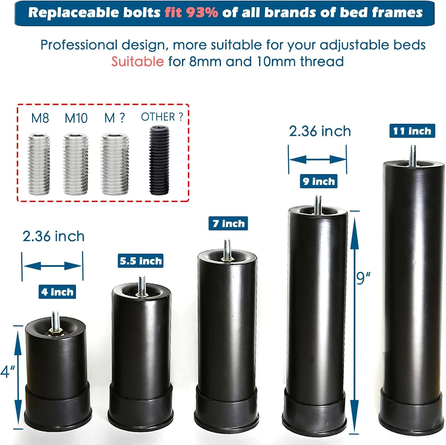 7 Inch Metal Adjustable Bed Base Frame Leg Replacement Heavy Duty Extra Height Leg Compatible with 93% of Frameworks Such as M8 M10 Thread (Set of 4)