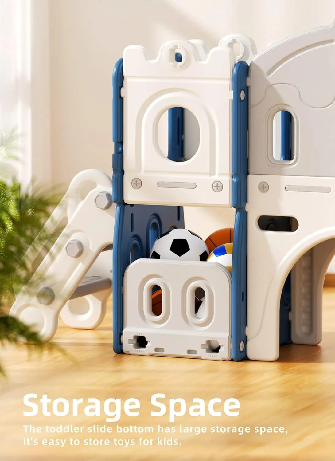 8 in 1 Toddler Slide and Climber Playset Indoor Outdoor Kids Slide with Basketball Hoop,Telescope, Storage Space, Freestanding Backyard Playground for Toddler Age 1-3, Blue