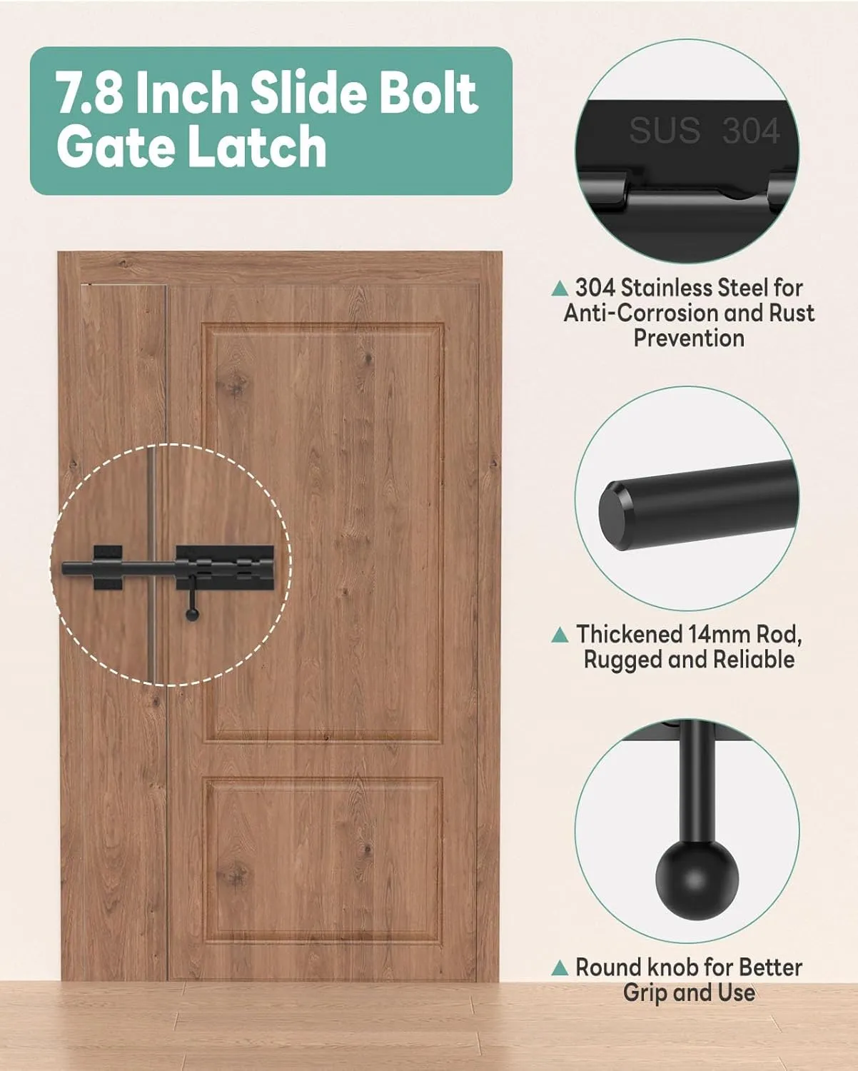 8-Inch Slide Bolt Gate Latch, Barrel Bolt Door Latch, Heavy Duty 304 Stainless Steel Slide Lock Hardware for Sliding Barn Door, Outdoor Wooden Fence, Yard, Shed, Window (Black-1pc 8inch)