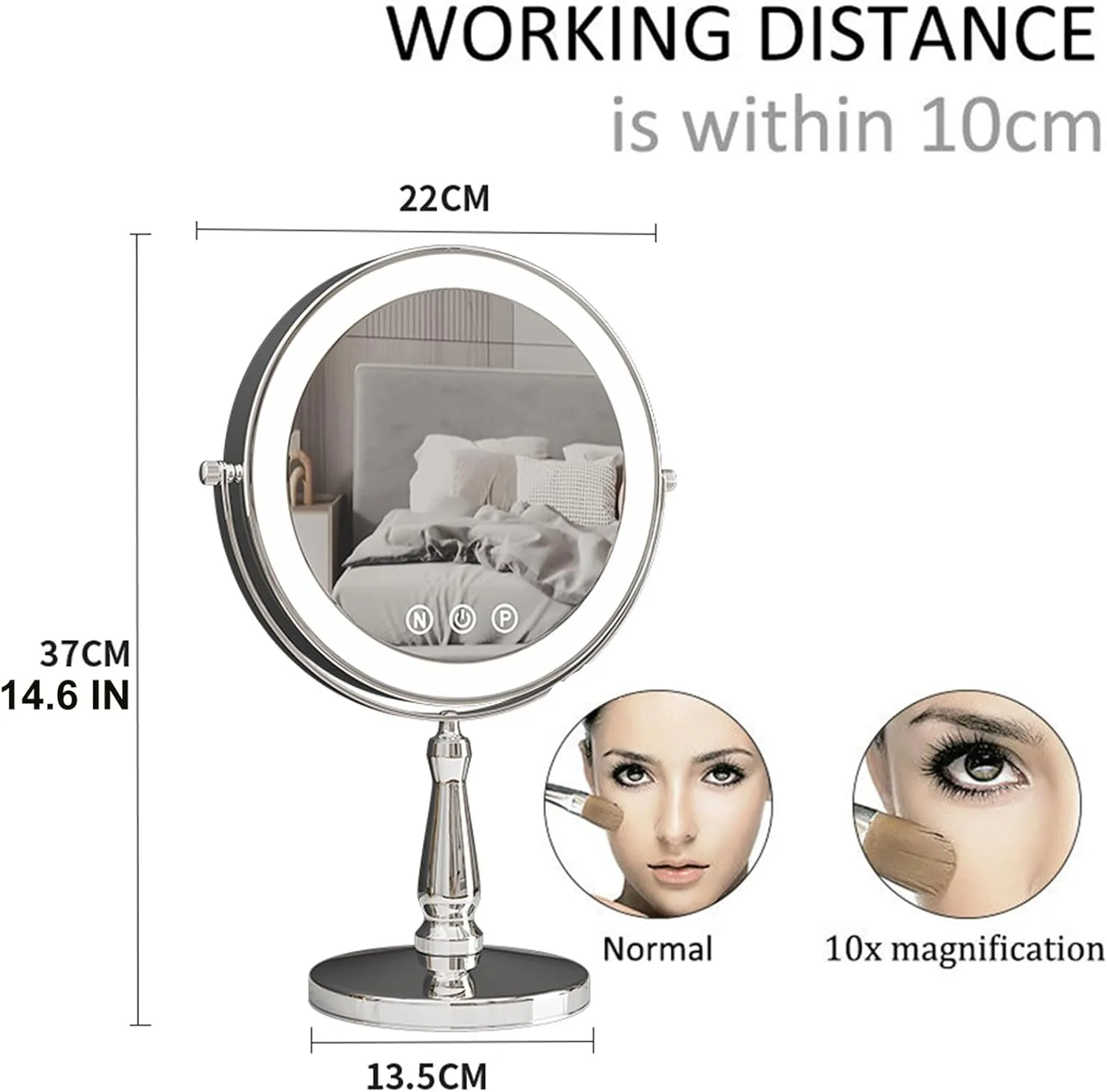 9" Countertop Rotation 2-Side 1X/10X Magnification Makeup Vanity Mirror, with 3-Color Stepless Dimming, Rechargeable LED Lighted Cosmetic Mirror, Tabletop Standing HD Shaving Mirror,D