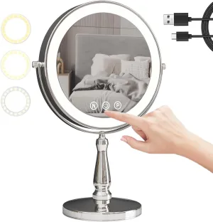 9" Countertop Rotation 2-Side 1X/10X Magnification Makeup Vanity Mirror, with 3-Color Stepless Dimming, Rechargeable LED Lighted Cosmetic Mirror, Tabletop Standing HD Shaving Mirror,D