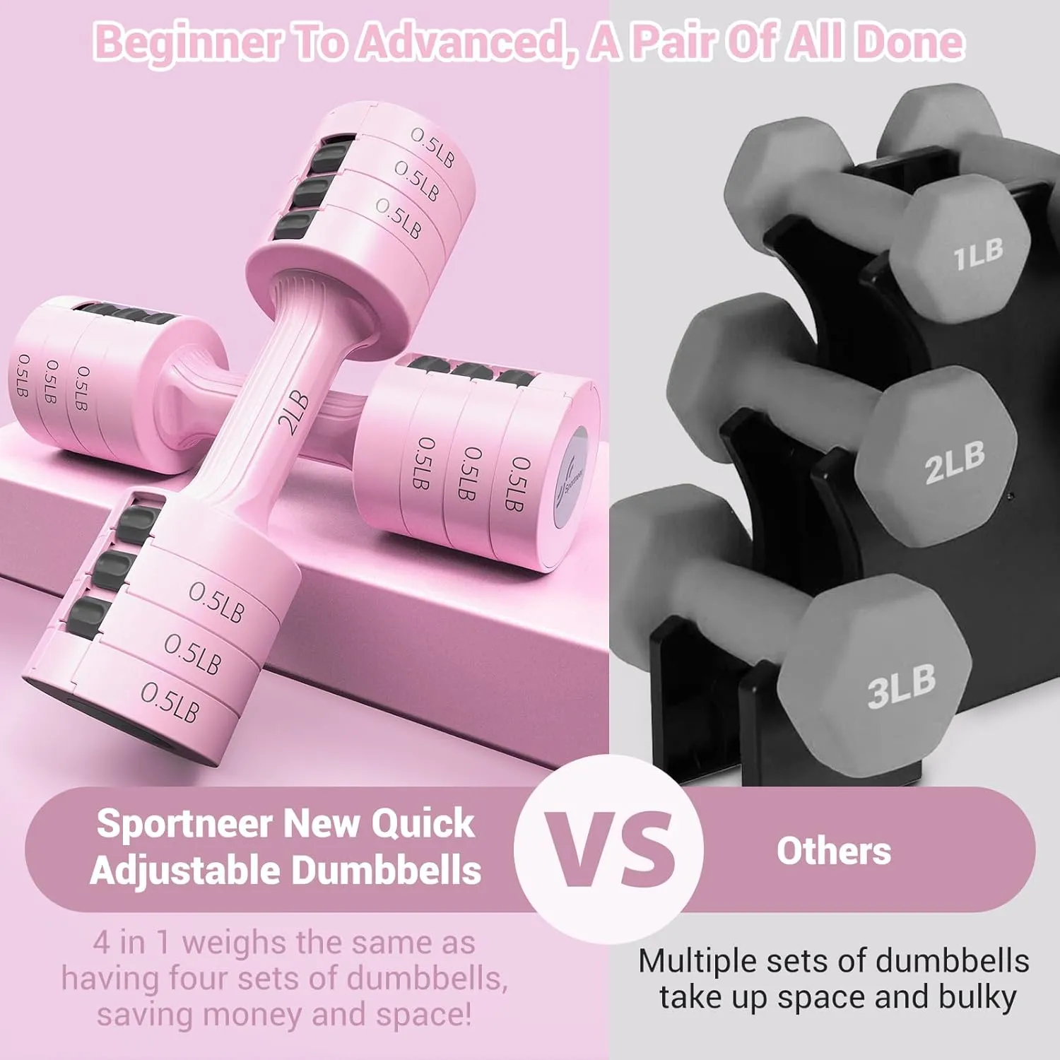 Adjustable Dumbbells Hand Weights Set: Sportneer 5 lb Dumbbell Set of 2 Each 2lb 3lb 4lb 5lb Free Weights Fast Adjust Weight 4 In 1 Weights Dumbbells Set for Women Men Home Gym Exercise Training