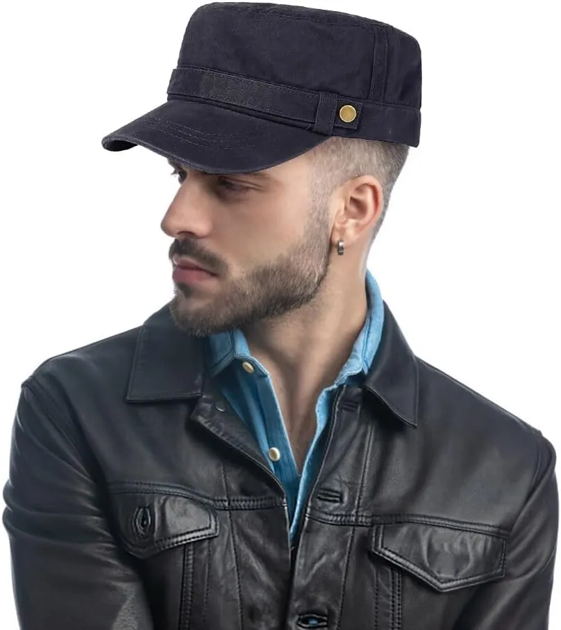 Adjustable Unisex Flat Top Twill Classical Baseball Cap Military Hat 22-23.2 in Cadet Cap for Men and Women, Black