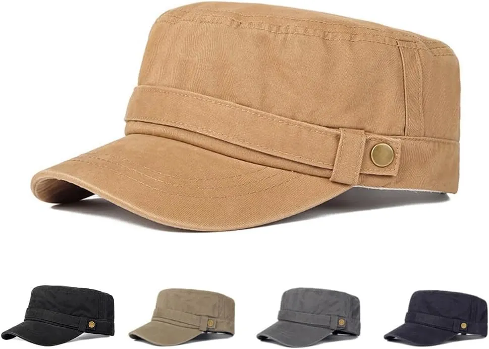 Adjustable Unisex Flat Top Twill Classical Baseball Cap Military Hat 22-23.2 in Cadet Cap for Men and Women, Black