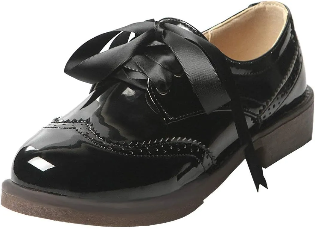 AIMODOR Womens Lace Up Flat Wingtip Oxford Patent Leather Chunky Low Heel Brogue Shoes