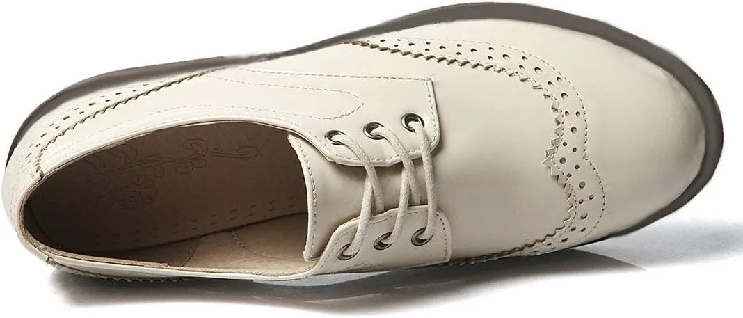 AIMODOR Womens Lace Up Flat Wingtip Oxford Patent Leather Chunky Low Heel Brogue Shoes