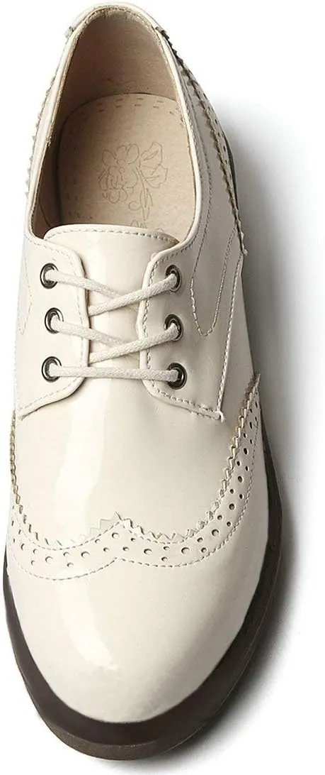 AIMODOR Womens Lace Up Flat Wingtip Oxford Patent Leather Chunky Low Heel Brogue Shoes