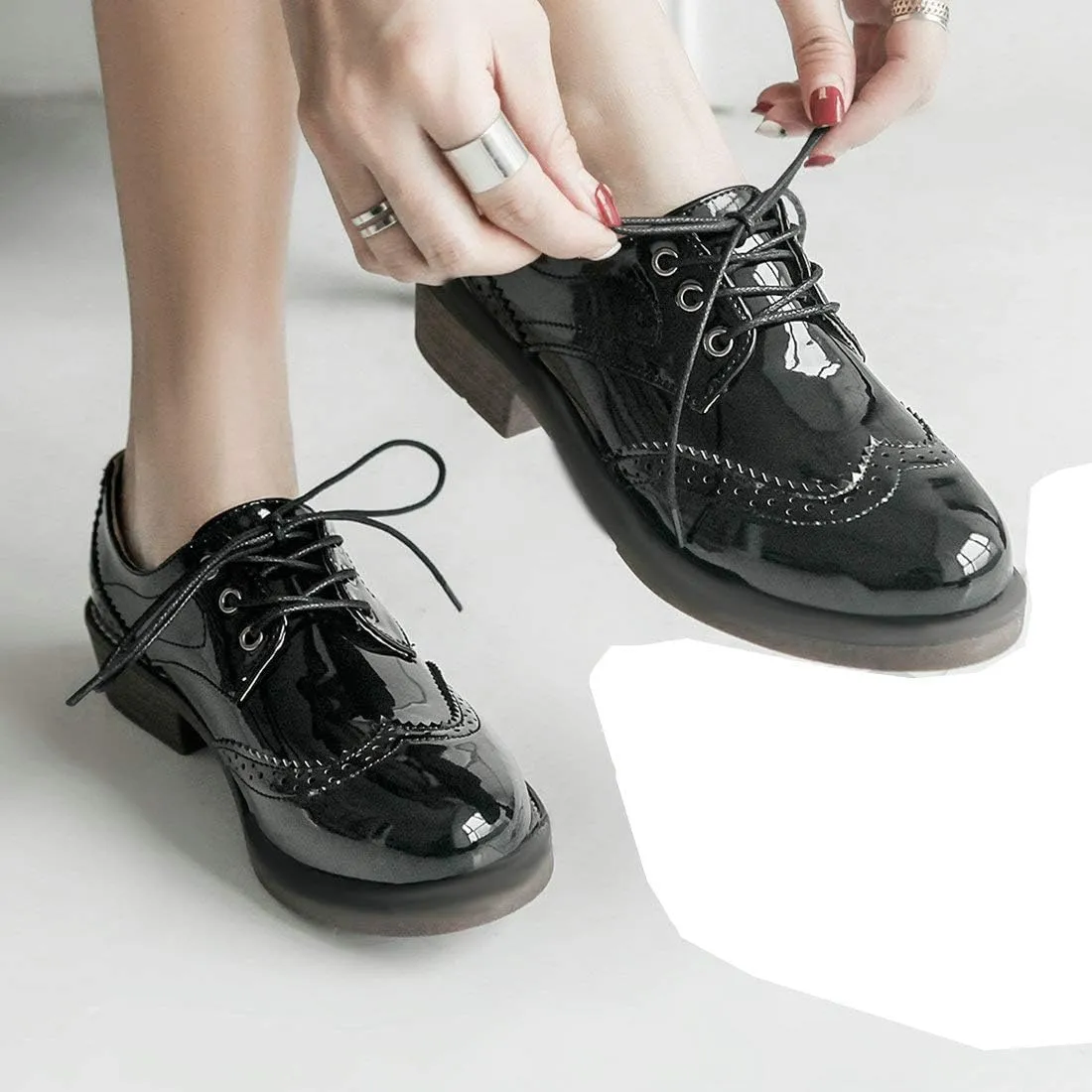 AIMODOR Womens Lace Up Flat Wingtip Oxford Patent Leather Chunky Low Heel Brogue Shoes