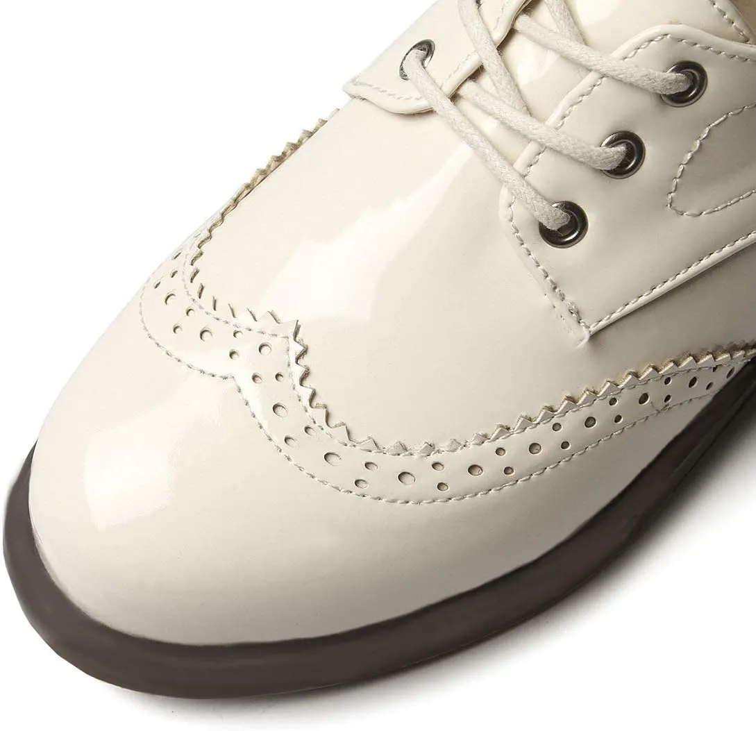 AIMODOR Womens Lace Up Flat Wingtip Oxford Patent Leather Chunky Low Heel Brogue Shoes