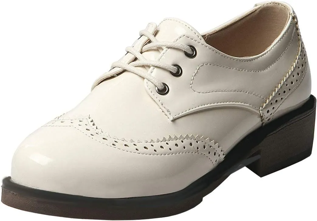 AIMODOR Womens Lace Up Flat Wingtip Oxford Patent Leather Chunky Low Heel Brogue Shoes