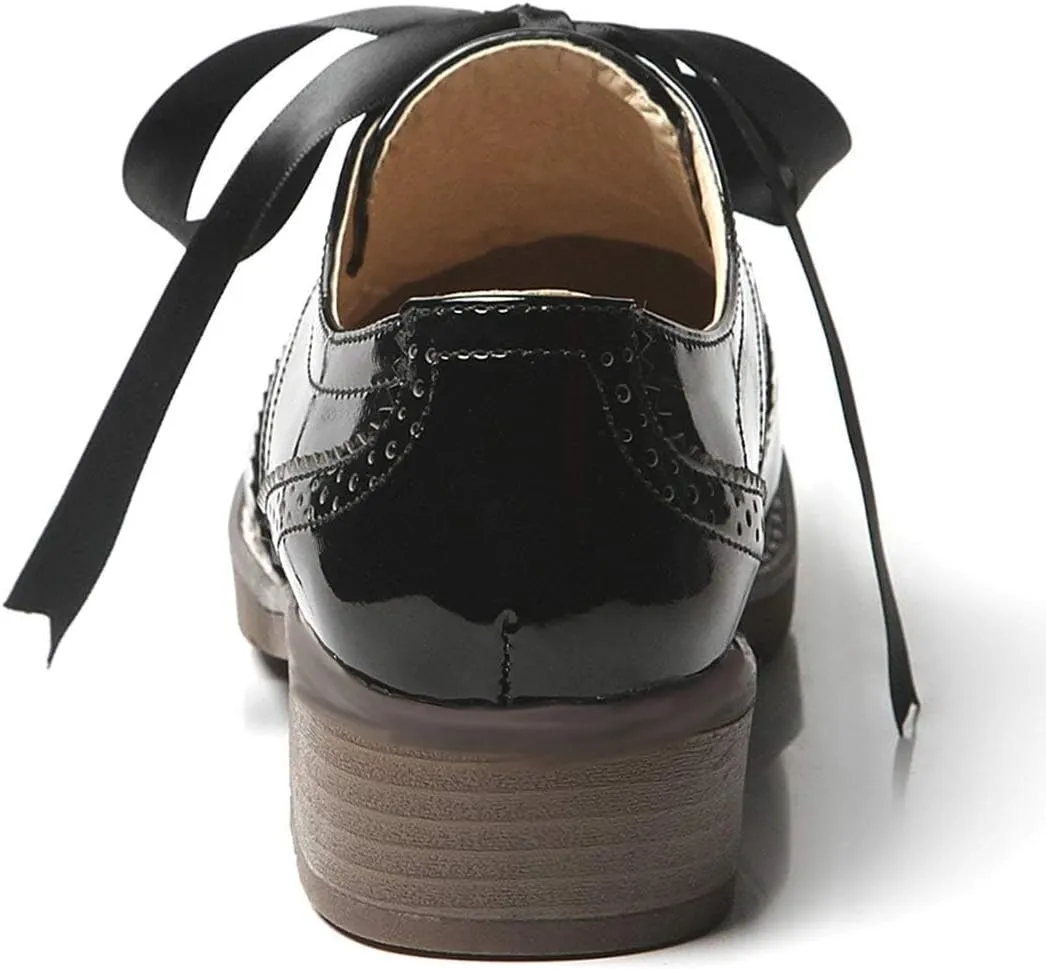 AIMODOR Womens Lace Up Flat Wingtip Oxford Patent Leather Chunky Low Heel Brogue Shoes