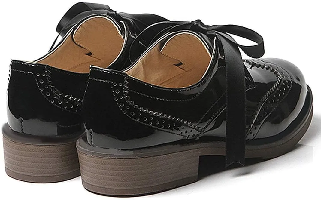 AIMODOR Womens Lace Up Flat Wingtip Oxford Patent Leather Chunky Low Heel Brogue Shoes
