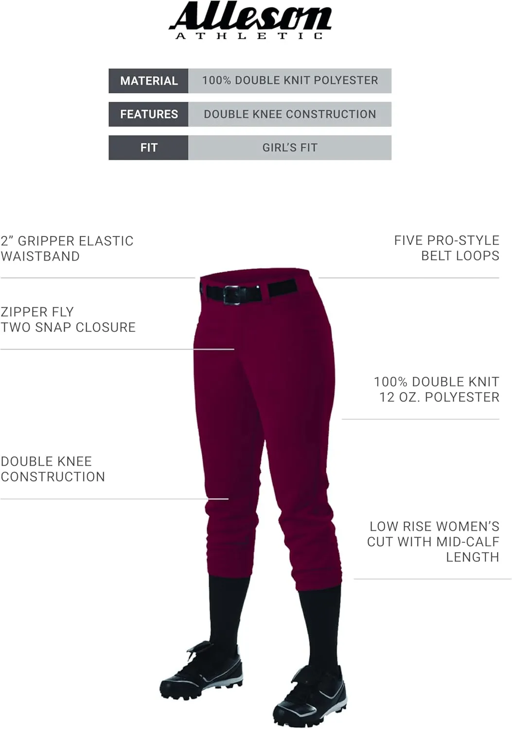 Alleson Athletic Girls Belt Loop Fastpitch Pant – Five Pro-Style Fit, Moisture-Wicking & Durable Fabric