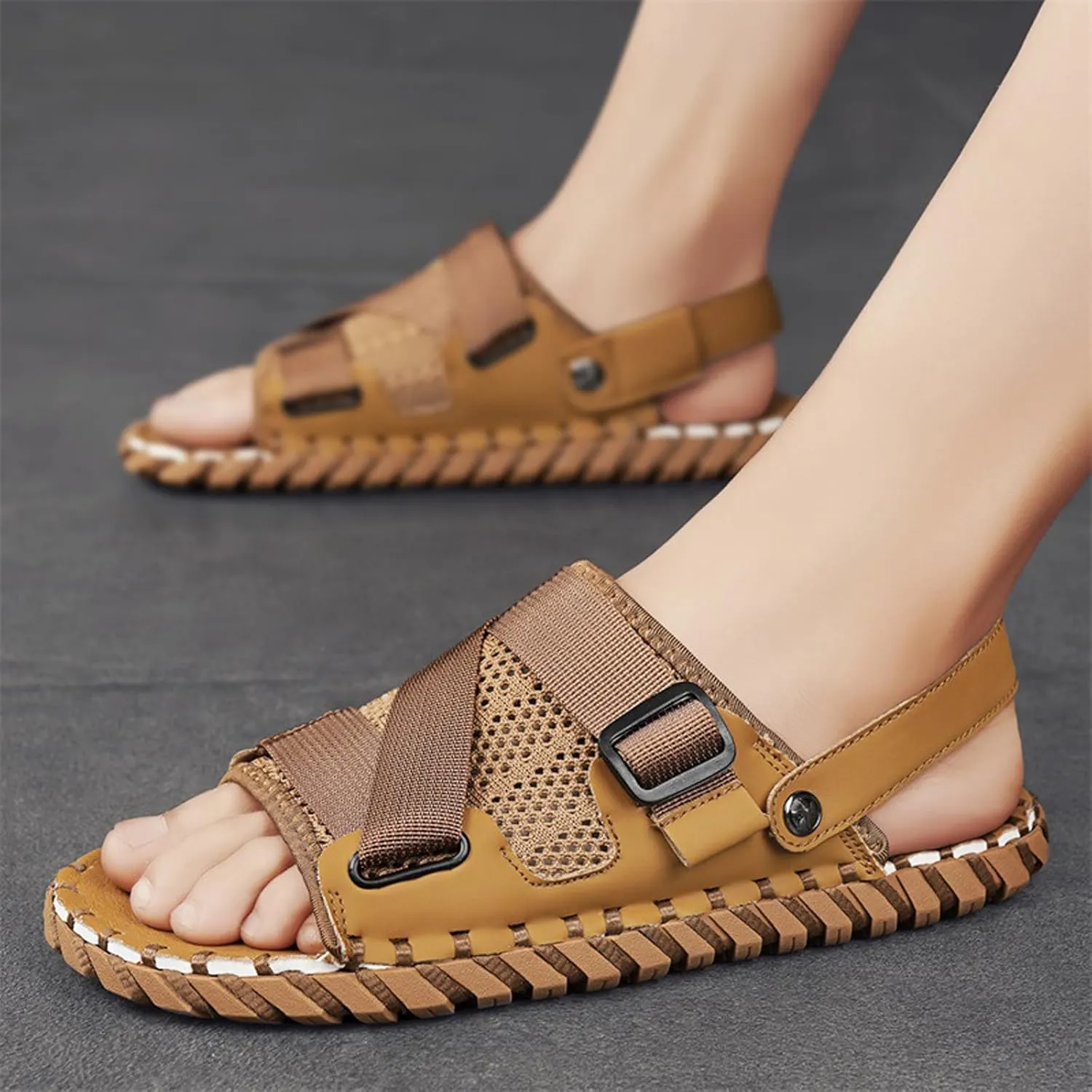 AMAZIDEAL Men's Mesh Open-Toe Slip-on Slide Sandals,Adjustable Handmade Outdoor Casual Beach Slippers,Summer Comfortable Breathable Flat Slides