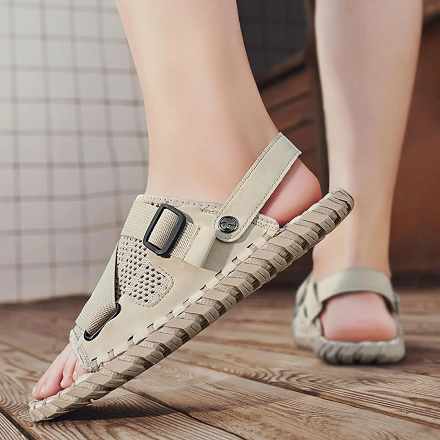 AMAZIDEAL Men's Mesh Open-Toe Slip-on Slide Sandals,Adjustable Handmade Outdoor Casual Beach Slippers,Summer Comfortable Breathable Flat Slides