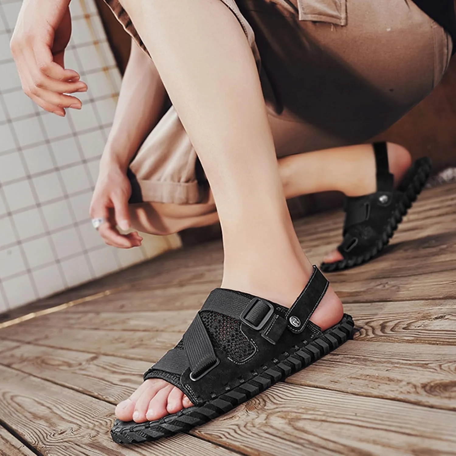 AMAZIDEAL Men's Mesh Open-Toe Slip-on Slide Sandals,Adjustable Handmade Outdoor Casual Beach Slippers,Summer Comfortable Breathable Flat Slides