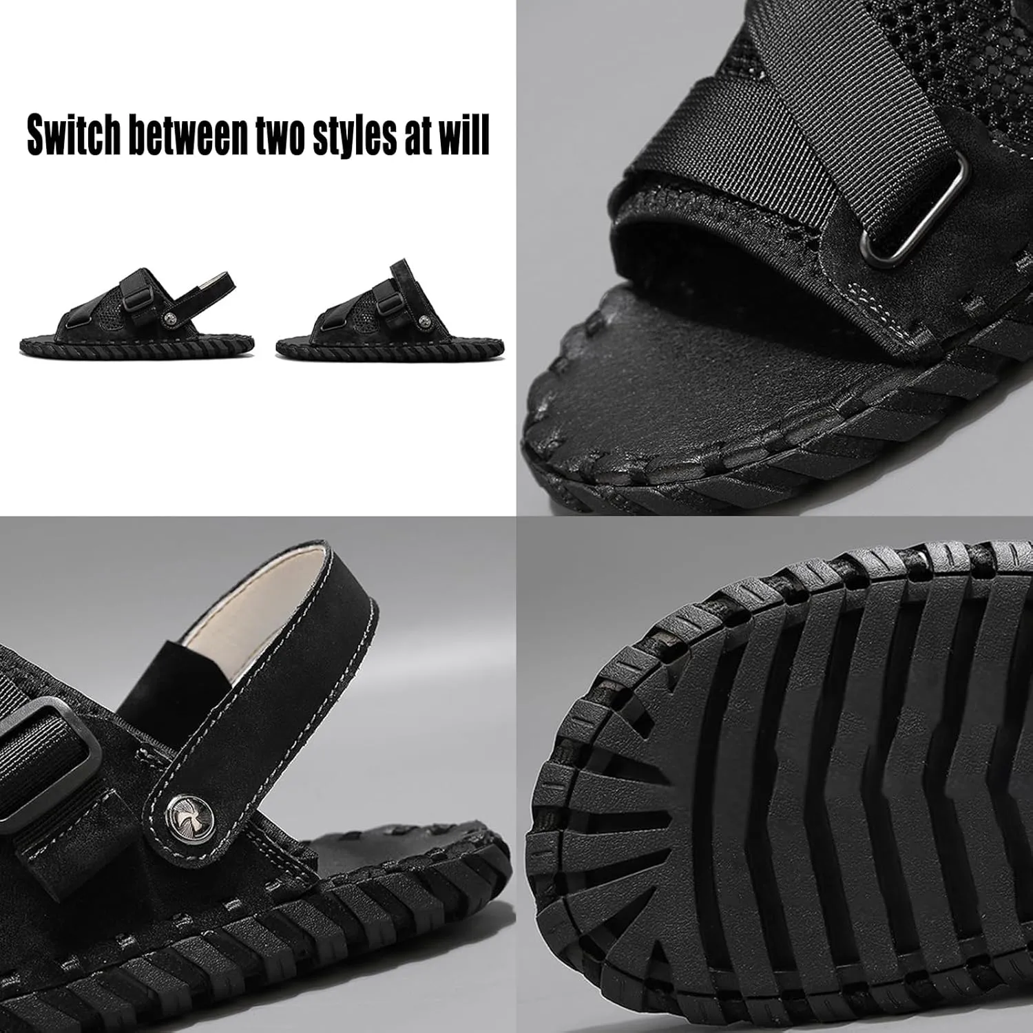AMAZIDEAL Men's Mesh Open-Toe Slip-on Slide Sandals,Adjustable Handmade Outdoor Casual Beach Slippers,Summer Comfortable Breathable Flat Slides