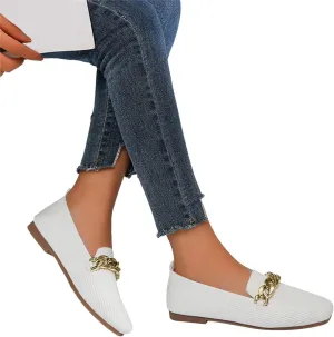 AMDBEL Platform Loafers for Women with Chain Trim Comfort Flat Shoes Slip On Square Toe Business Work Shoes Casual Walking Shoes Knit Breathable Mesh Air Cushion Flats Low Wedge Sneakers 02 White