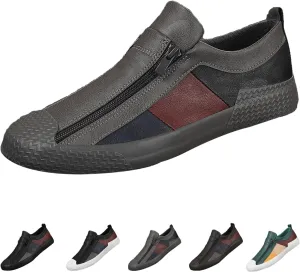 AngryMonkey Men's Low-top Colorblock Sneakers,Fashion Comfort Slip On Double Zipper Anti-Slip Flat Casual Leather Walking Loafers