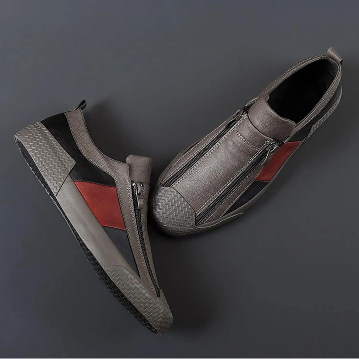 AngryMonkey Men's Low-top Colorblock Sneakers,Fashion Comfort Slip On Double Zipper Anti-Slip Flat Casual Leather Walking Loafers