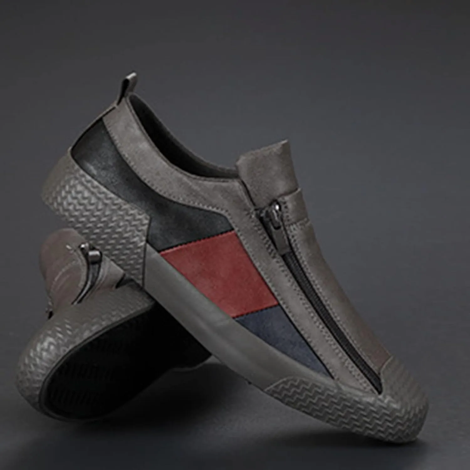 AngryMonkey Men's Low-top Colorblock Sneakers,Fashion Comfort Slip On Double Zipper Anti-Slip Flat Casual Leather Walking Loafers