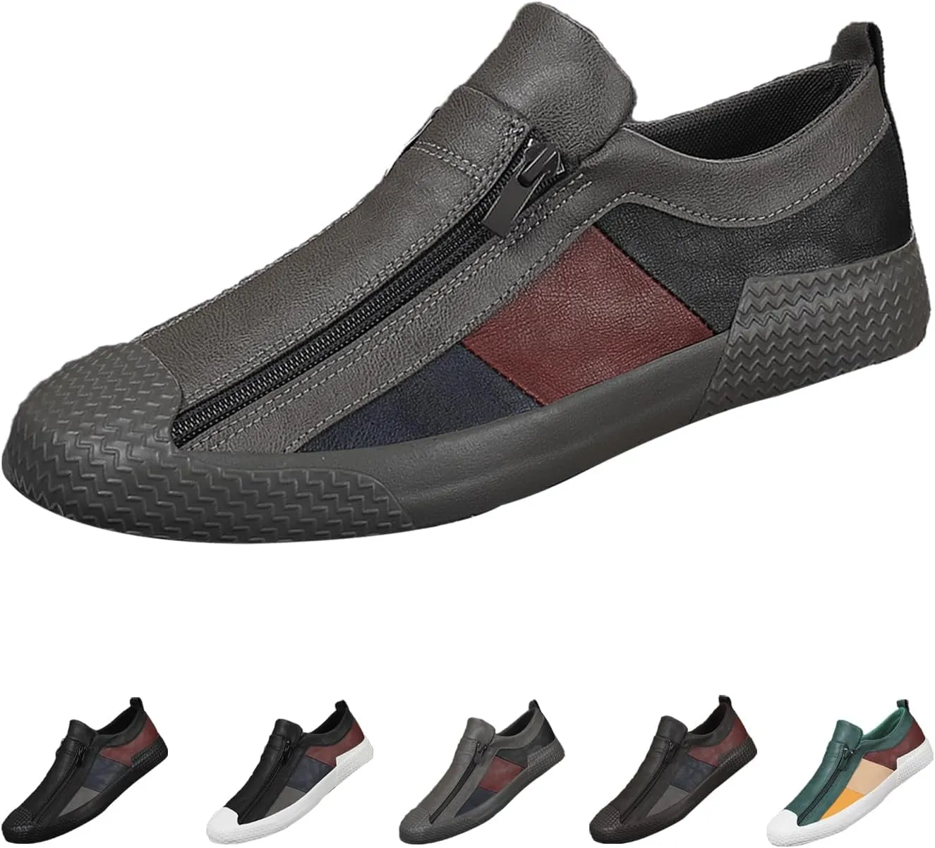 AngryMonkey Men's Low-top Colorblock Sneakers,Fashion Comfort Slip On Double Zipper Anti-Slip Flat Casual Leather Walking Loafers