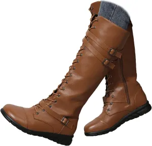 AngryMonkey Womens Knee High Lace Up leather Mid Calf Boot Side Zipper Personality Buckle Belt Platform Anti-Slip Quilted Rider High Boot