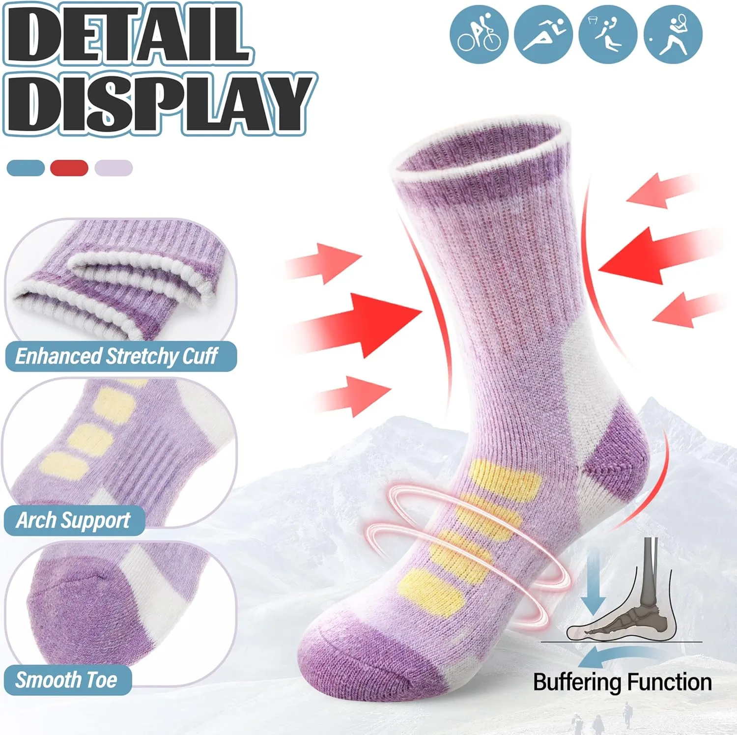 Anlisim Kids Merino Wool Hiking Socks Boys Girls Toddlers Thermal Winter Warm Boot Thick Cushion Gift Socks 6 Pairs