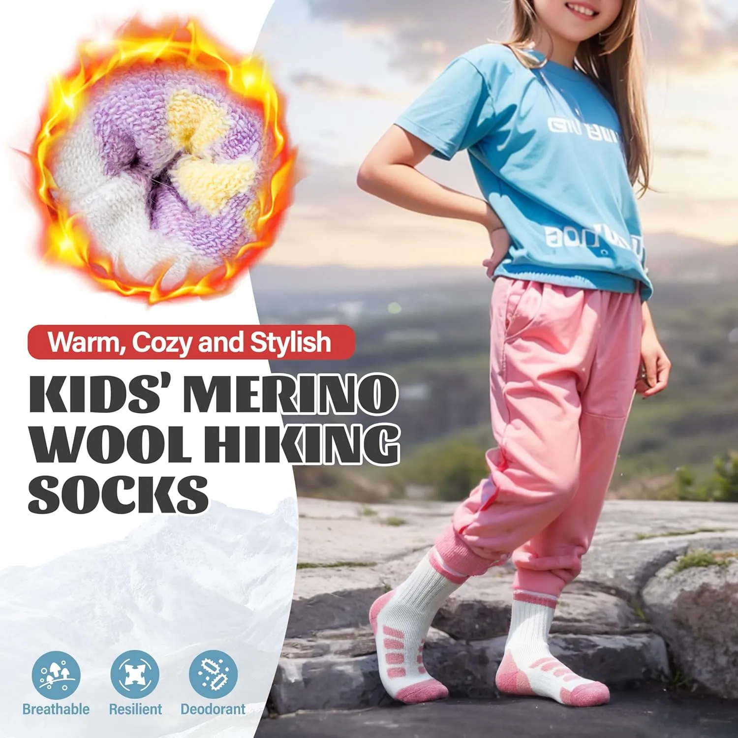 Anlisim Kids Merino Wool Hiking Socks Boys Girls Toddlers Thermal Winter Warm Boot Thick Cushion Gift Socks 6 Pairs