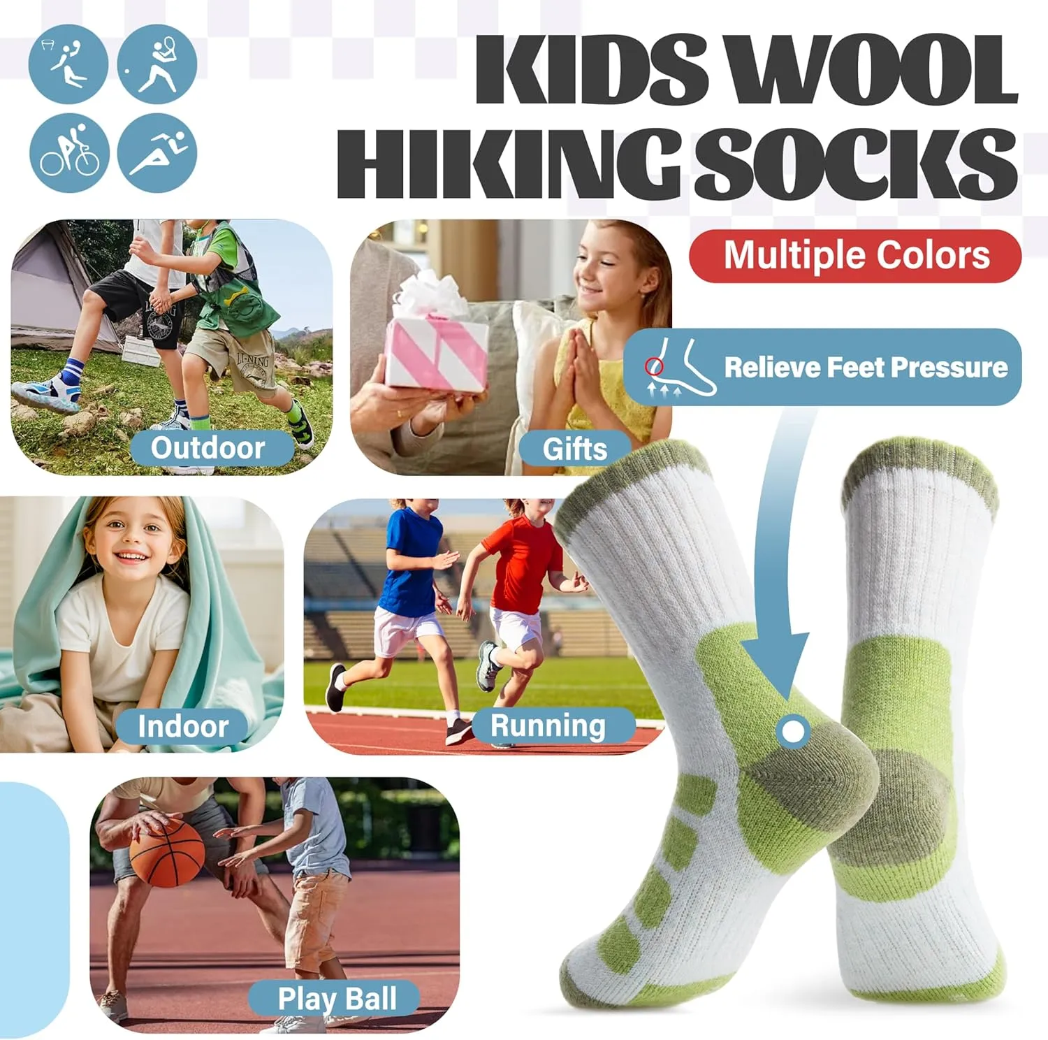 Anlisim Kids Merino Wool Hiking Socks Boys Girls Toddlers Thermal Winter Warm Boot Thick Cushion Gift Socks 6 Pairs