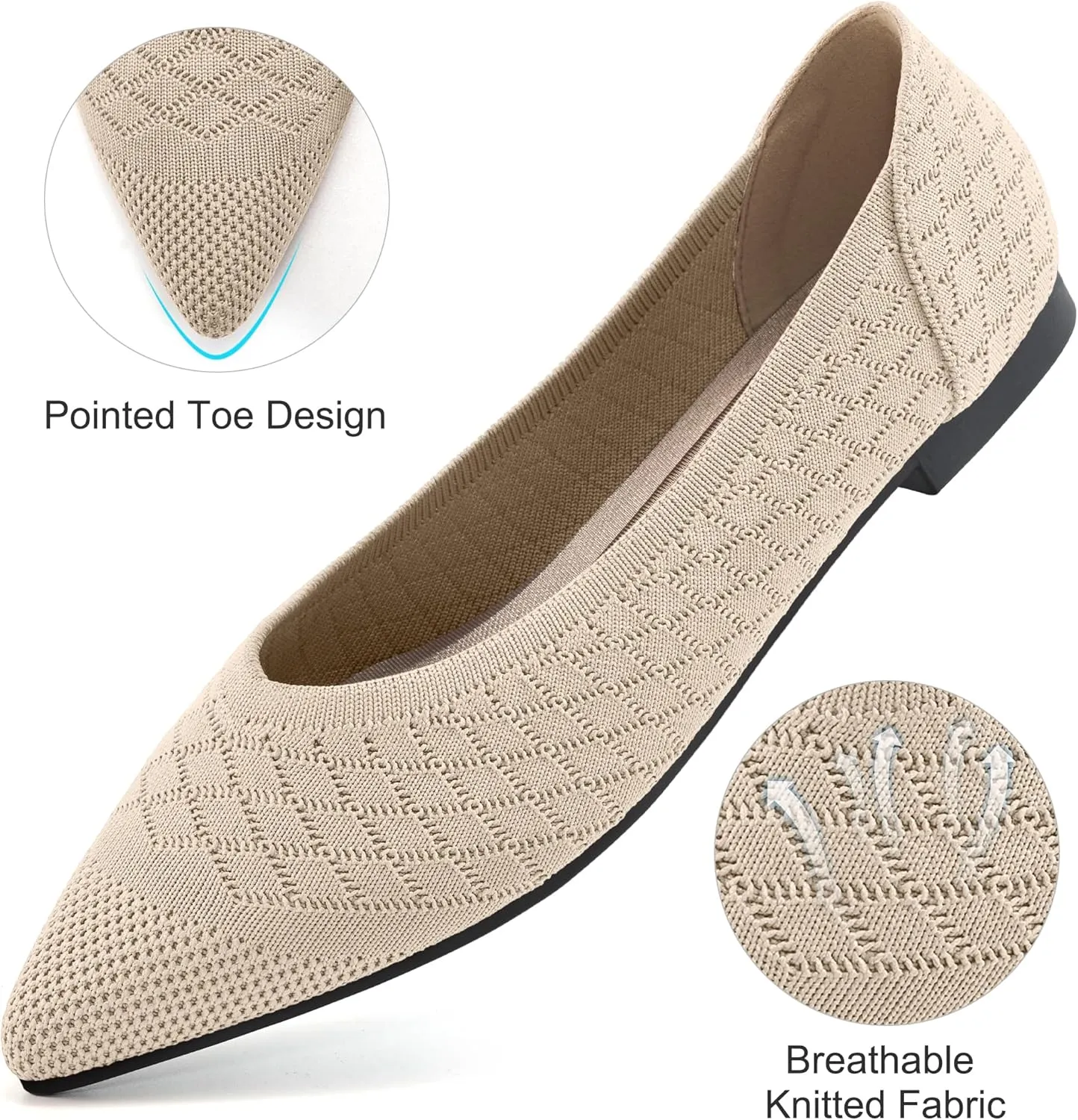 Aomigoct Womens Ballet Flats Dress: Comfortable Pointed Toe Knit Flat for Women - Casual Slip On Walking Shoes