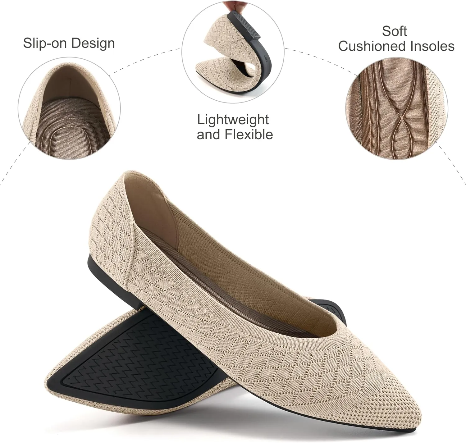 Aomigoct Womens Ballet Flats Dress: Comfortable Pointed Toe Knit Flat for Women - Casual Slip On Walking Shoes