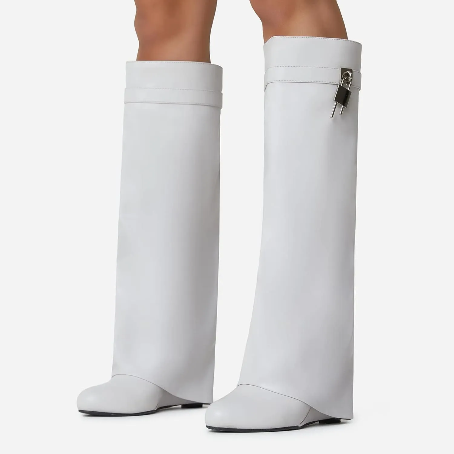 Arqa Fold Over Knee High Boots for Women Covered Wedge Heel Padlock Boot Almond Toe Wide Calf Pull-on Fashion Boots Party Shoes