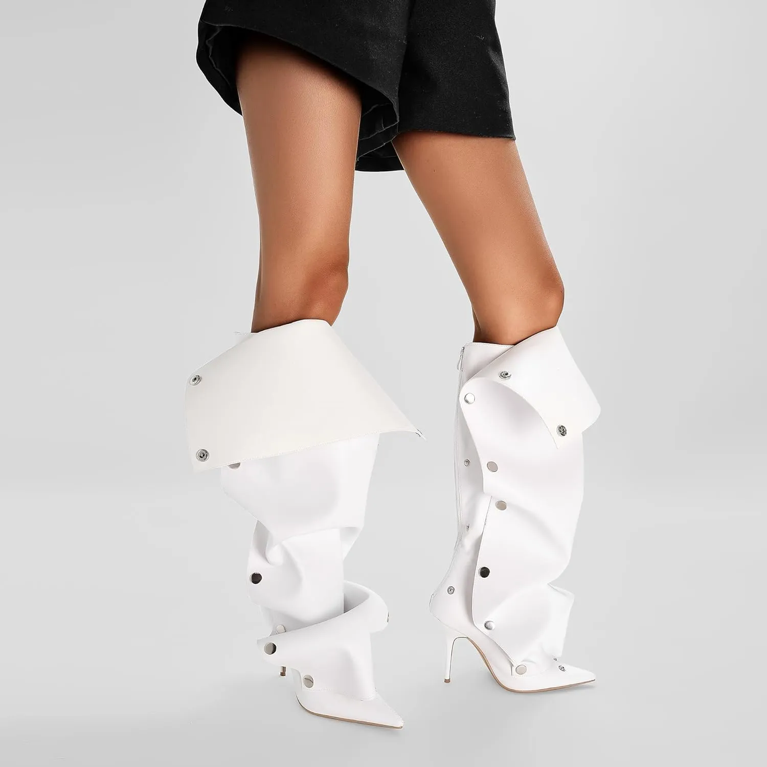 Arqa Womens Stiletto Heel Knee High Boots Pointed Toe Applique Denim Boot with Zipper Silver Buttons Fall Slouchy Boot