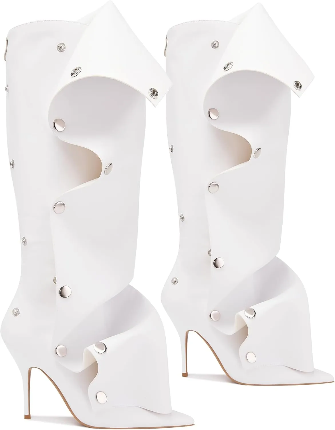 Arqa Womens Stiletto Heel Knee High Boots Pointed Toe Applique Denim Boot with Zipper Silver Buttons Fall Slouchy Boot