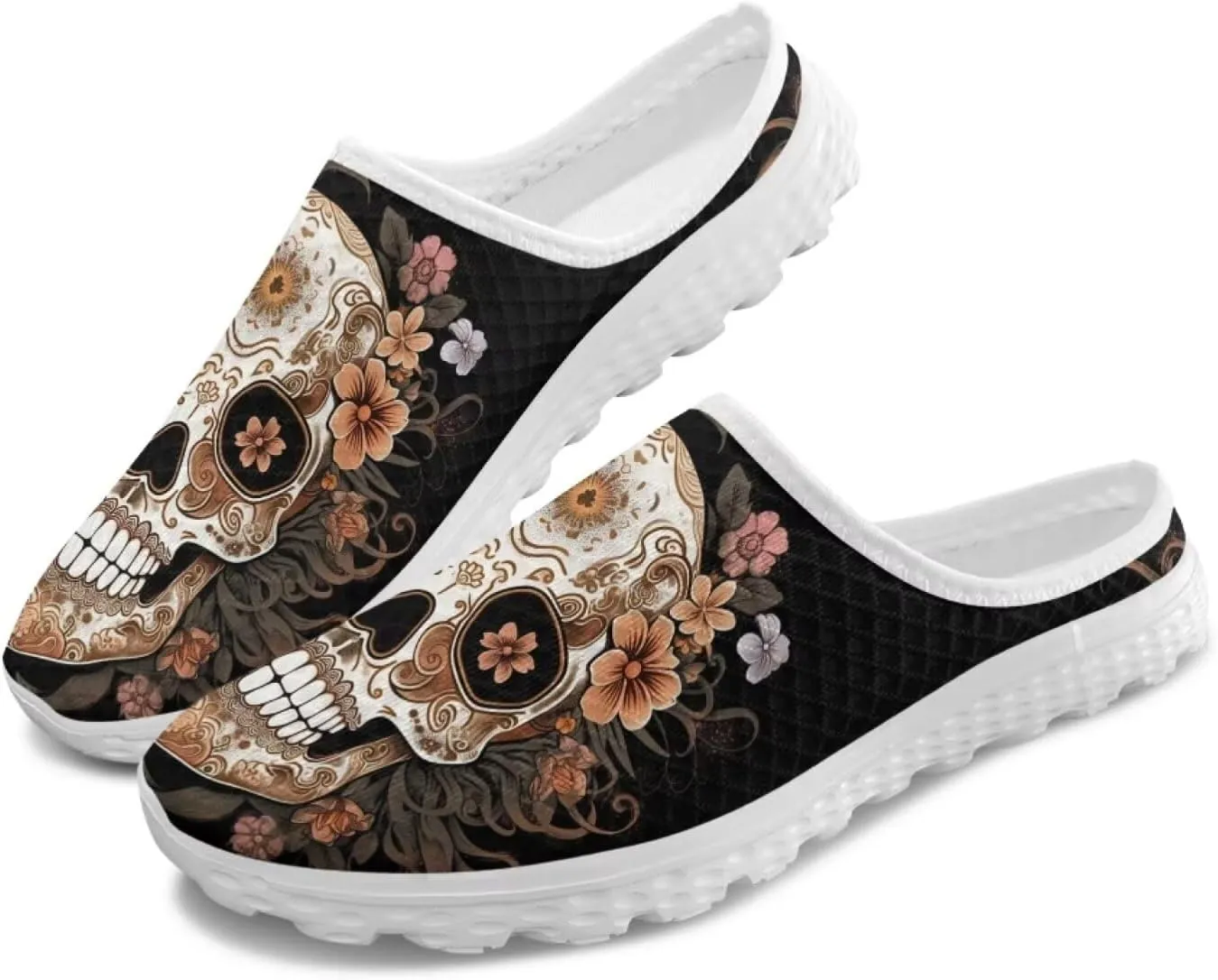 Art Skull Design Women Mesh Mules Memory Foam Flat Anti-Slip Fashion Sneakers Comfortable Slip-On Mule Garden Shoes