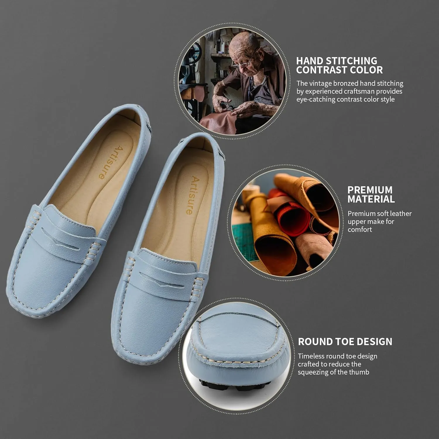 Artisure Women's Classic Comfort Leather Penny Loafers Casual Slip-Ons Lightweight Walking Flats Driving Mocs Boat Shoes
