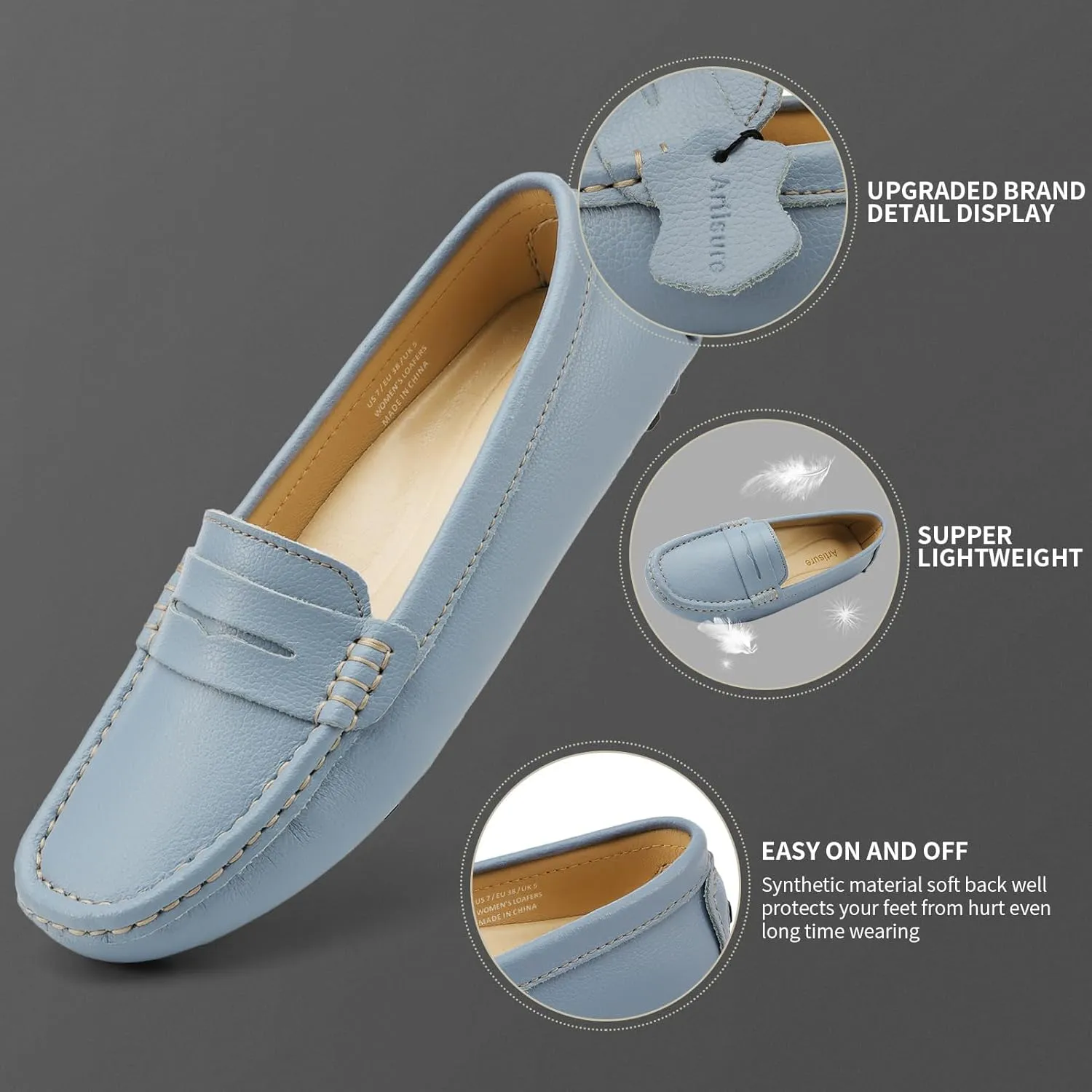 Artisure Women's Classic Comfort Leather Penny Loafers Casual Slip-Ons Lightweight Walking Flats Driving Mocs Boat Shoes
