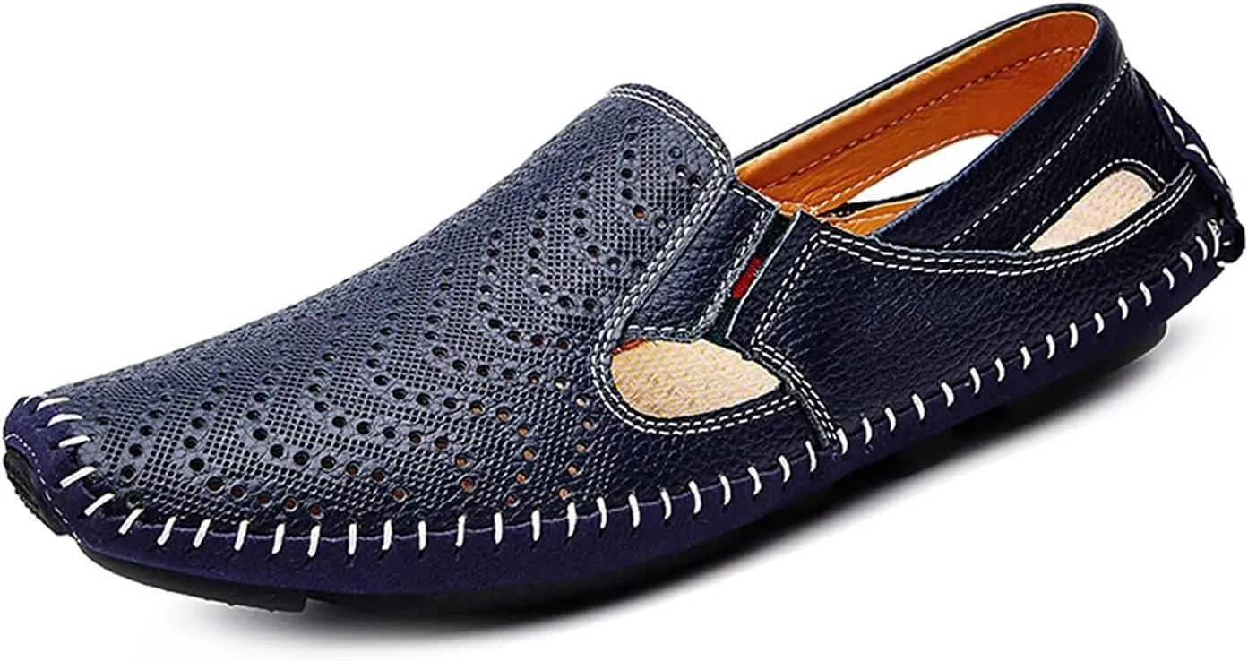 Asifn Mens Leather Driving Loafer Lightweight Slip-on Breathable Walking Boat Shoes Flat Slippers Outdoor Moccasin