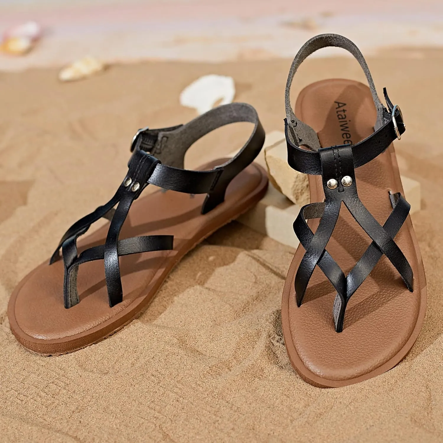 Ataiwee Women's Flat Slide Sandals - Casual Bling Bohemian Thong Slip on Summer Flat Sandals.